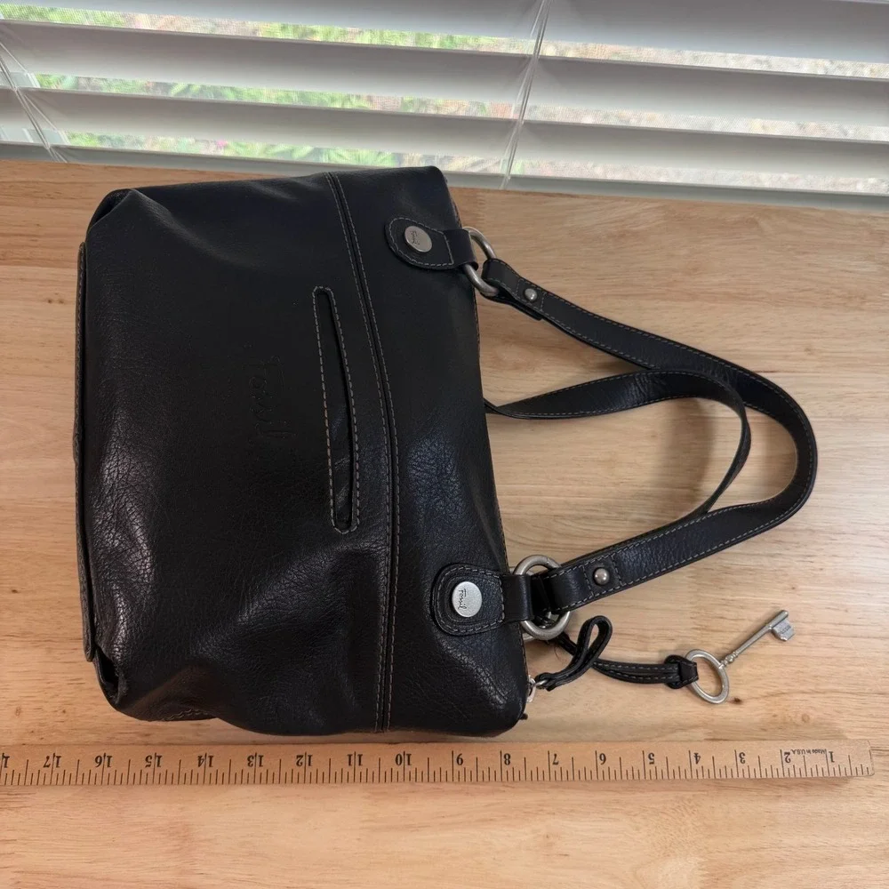 VTG 1954 Fossil Long Live Black Faux Leather Zip Double Handle Satchel Handbag